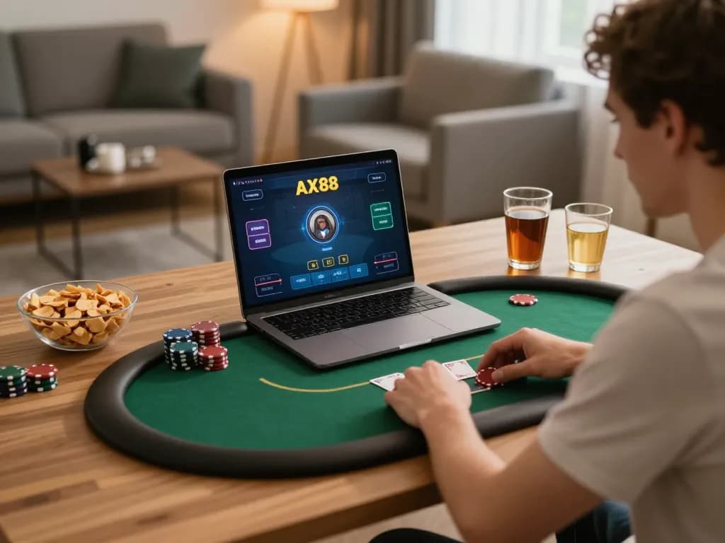 Player enjoying online poker on AX88 with laptop, creating a cozy home gaming experience.