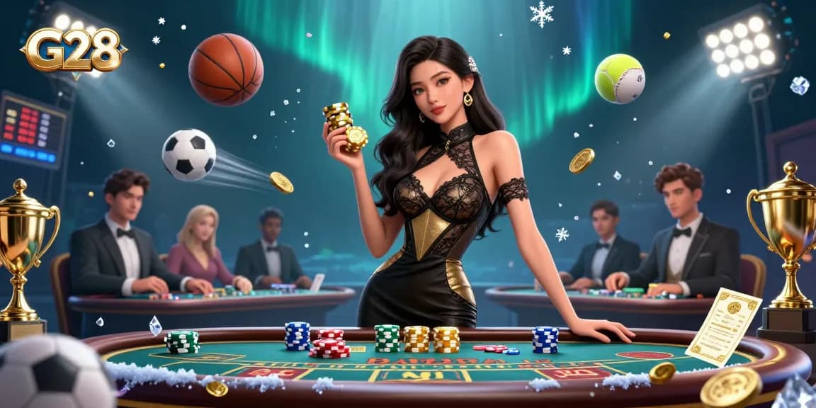 Bet at the glamorous G28 baccarat table with a stunning woman holding golden casino chips.
