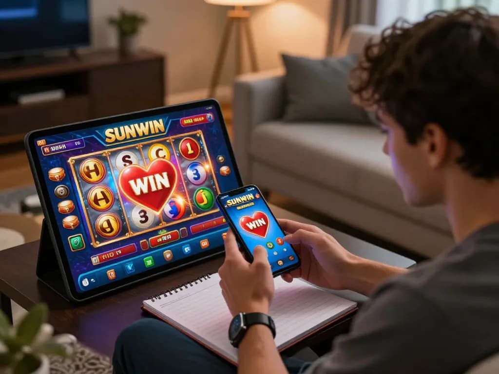 Player enjoying an exciting Sunwin gaming session on their smartphone in a cozy living room.