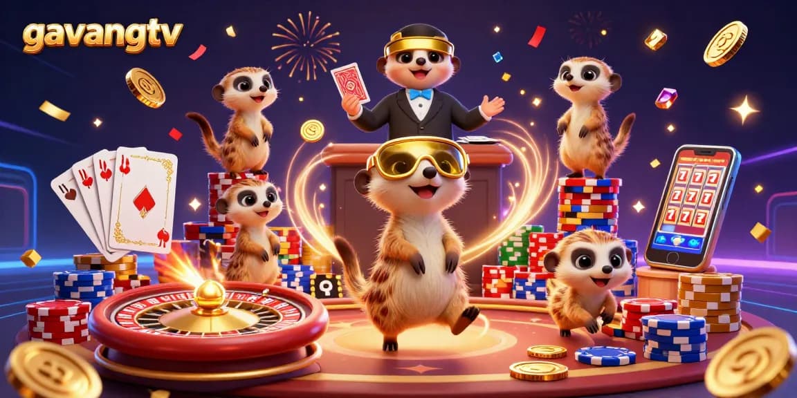 Experience thrilling gameplay at gavangtv with cartoon meerkats in a vibrant casino scene.