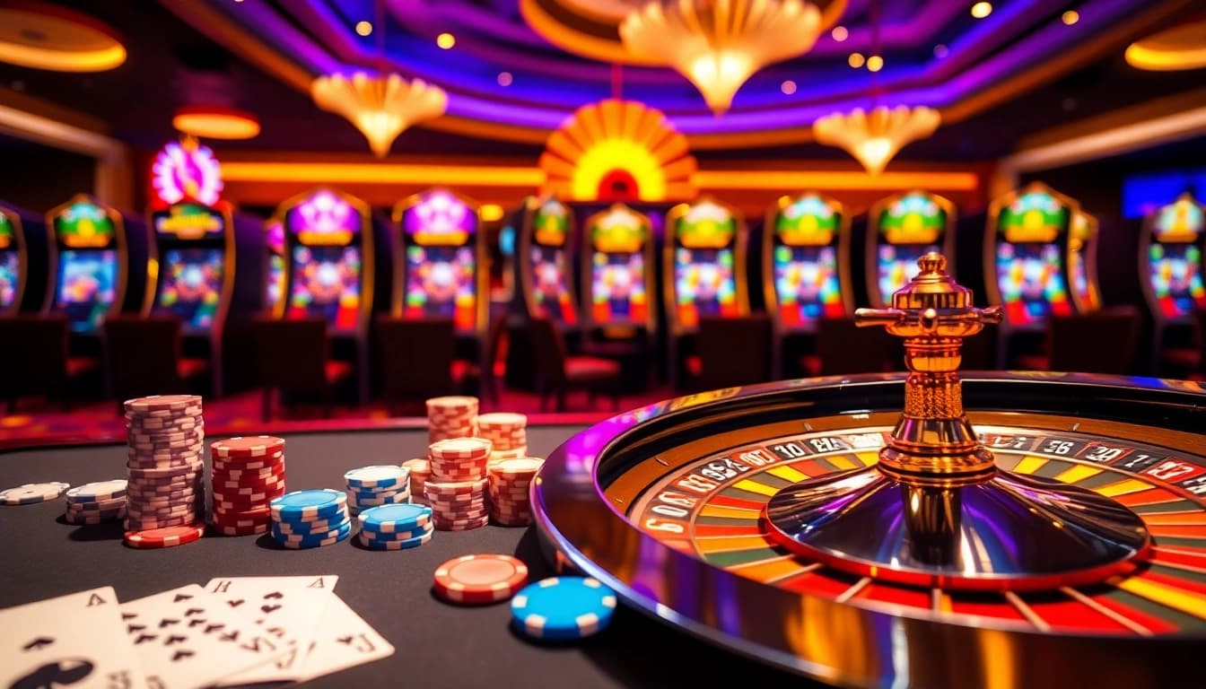 Exciting casino environment showcasing https://sky88j.design/ with vibrant gaming tables and colorful slot machines.