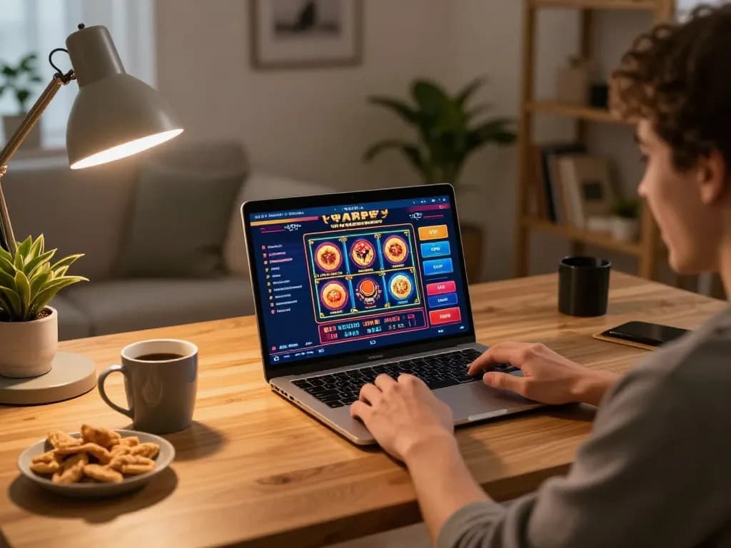 Engaging in an Online Casino game with vibrant slots displayed on laptop