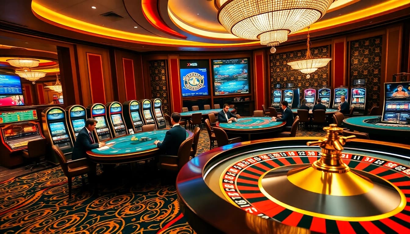Experience the thrilling atmosphere of xin88 with vibrant casino tables and slot machines.