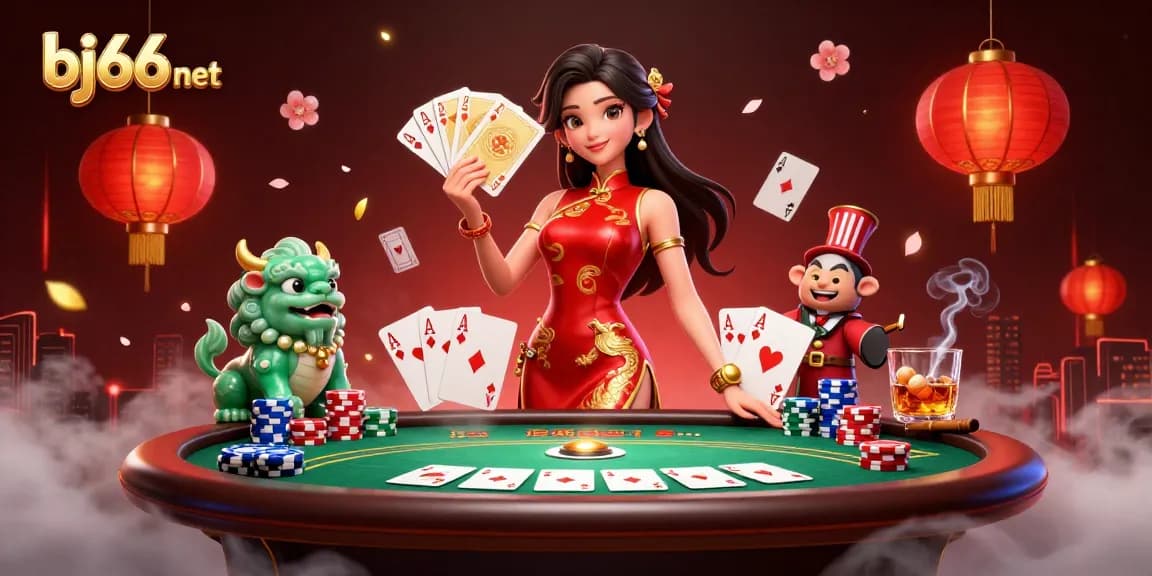 Engage with bj66 net as you experience thrilling poker games with a vivid qipao-clad dealer in this captivating casino scene.