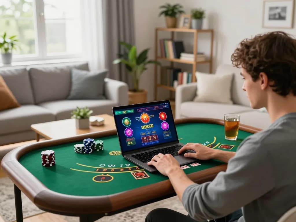 Engaged in online blackjack gameplay at home with twin68 gaming interface.