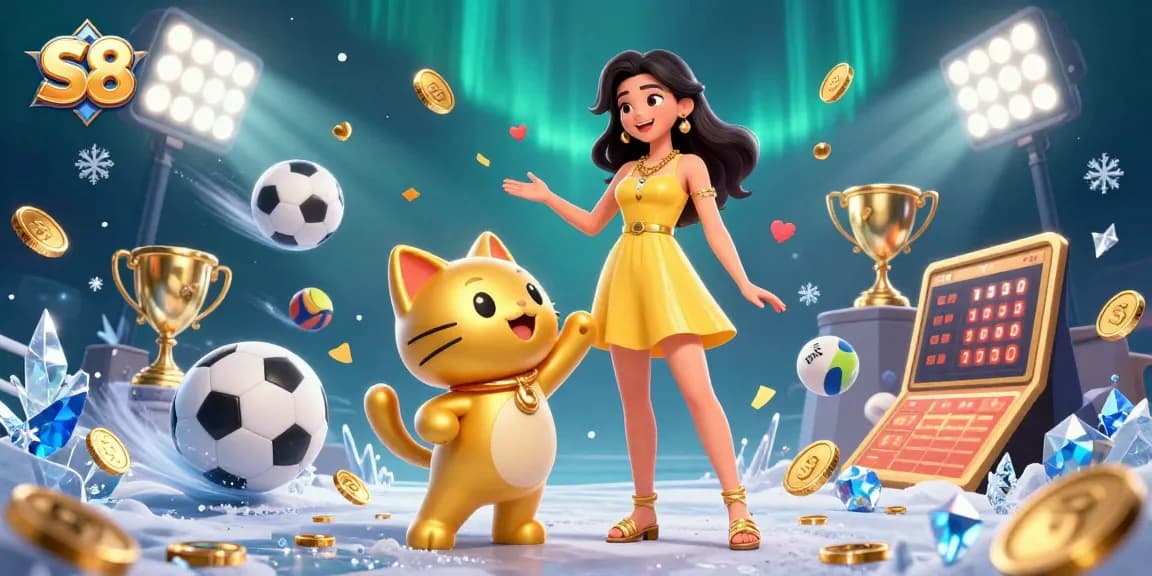 Experience S8 gaming thrills with a joyful woman and lucky cat mascot in a rich casino scene.