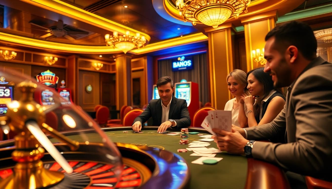 MMOO casino players enjoying a poker game at a luxurious table with vibrant slot machines.