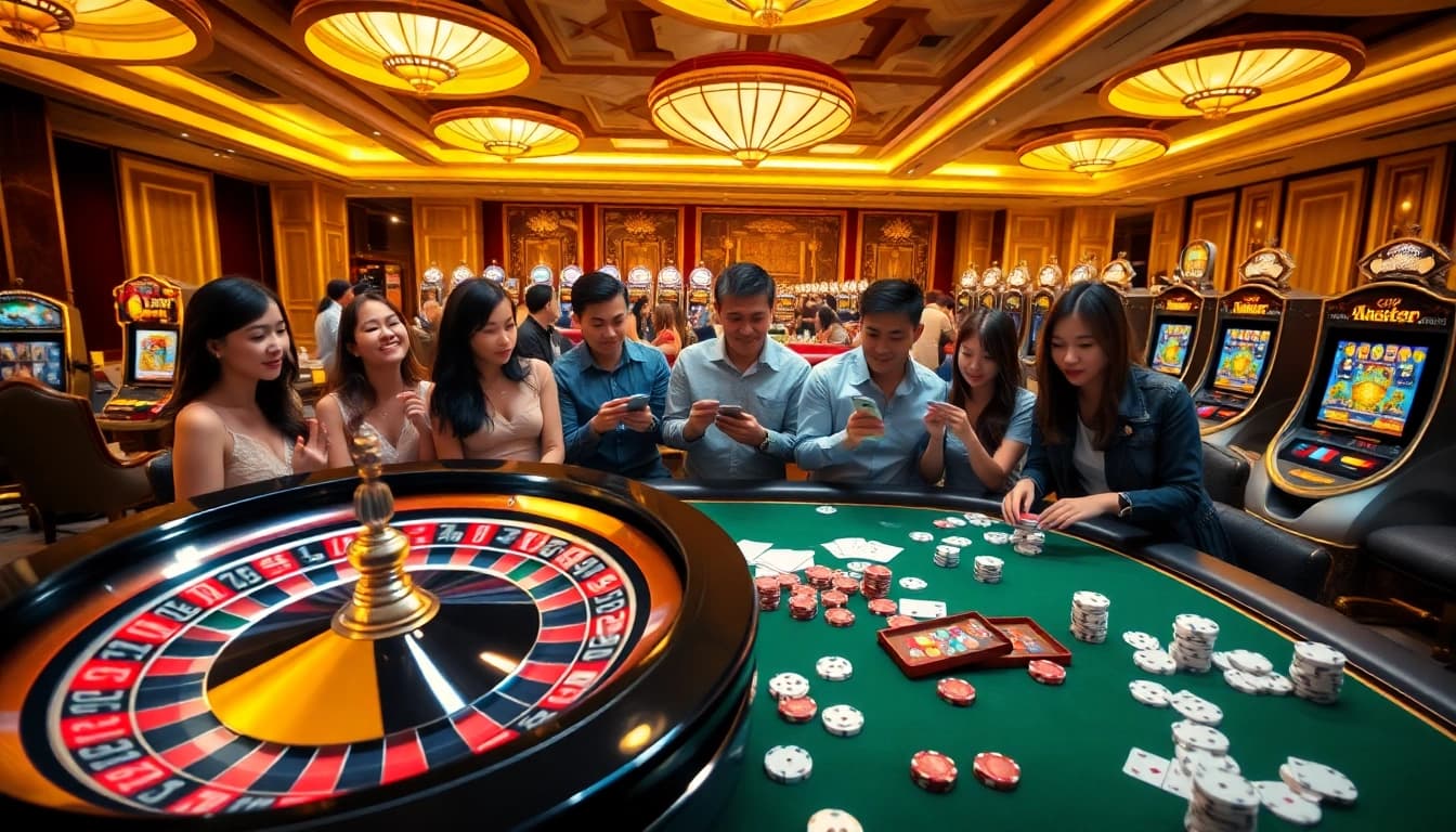 Engaging casino scene illustrating Giải mã giấc mơ with players at a roulette table amidst luxurious décor.