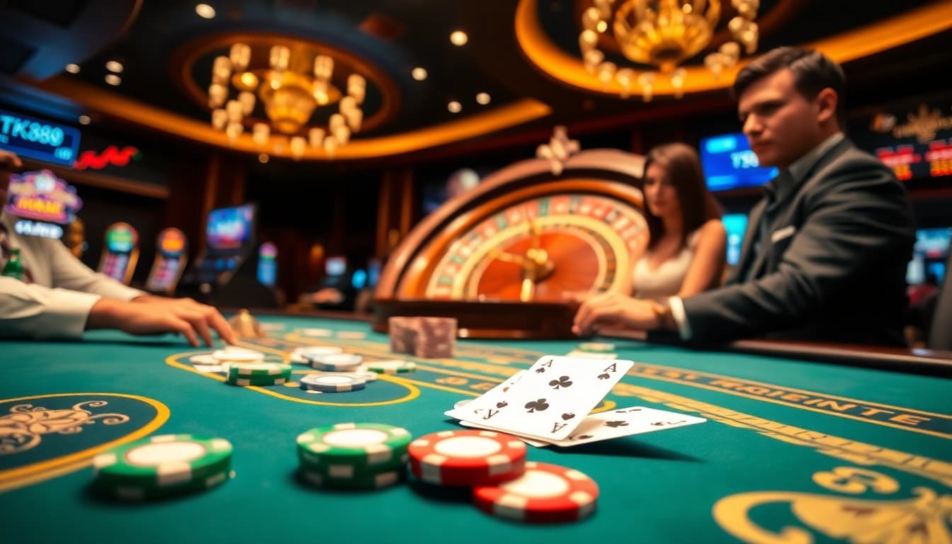 Excited gamblers placing bets at a luxurious TK88 casino table with cards and chips.