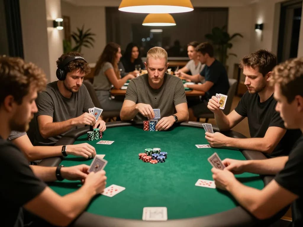 Experience thrilling gameplay at 8EEE poker night with friends, showcasing competitive spirits and vibrant decor