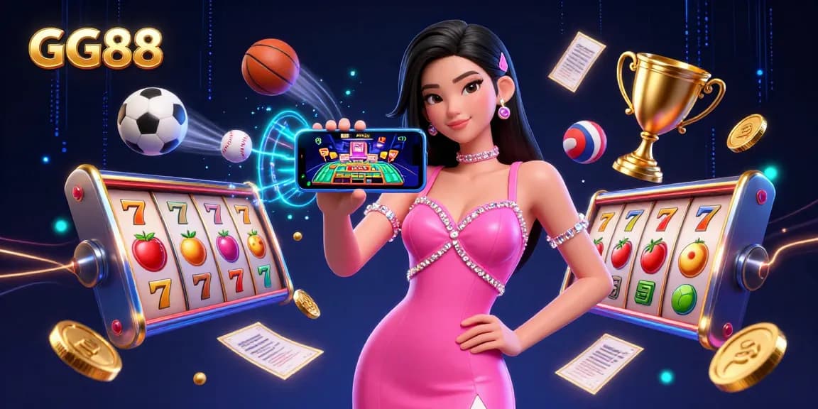 Experience the excitement of GG88 with a stunning Asian woman showcasing live dealer casino games on her smartphone amidst thrilling gaming elements.