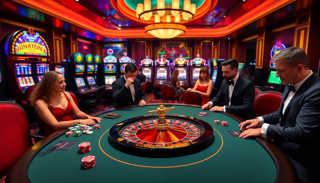 Engaged gamblers enjoying thrilling gameplay at a vibrant NK88 casino table with roulette and poker chips.