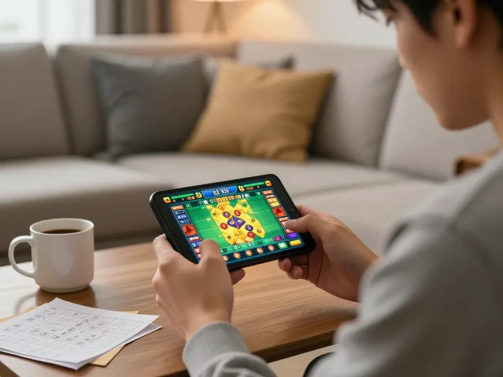 Tài xỉu online gameplay on mobile device in a cozy living room setting with strategic notes.