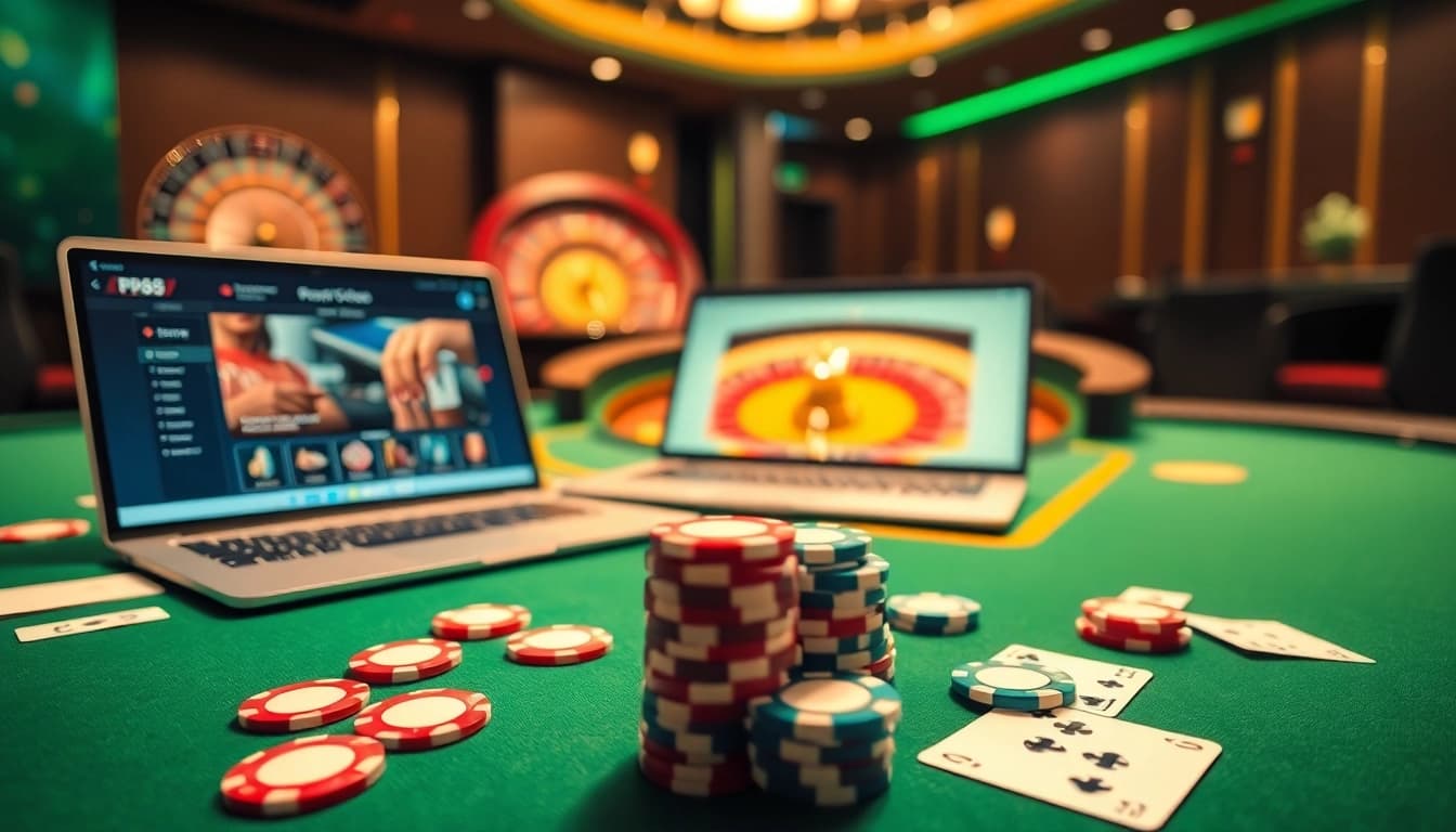 Experience excitement at https://kp88.space/: A luxurious casino scene with cards, chips, and a roulette wheel.
