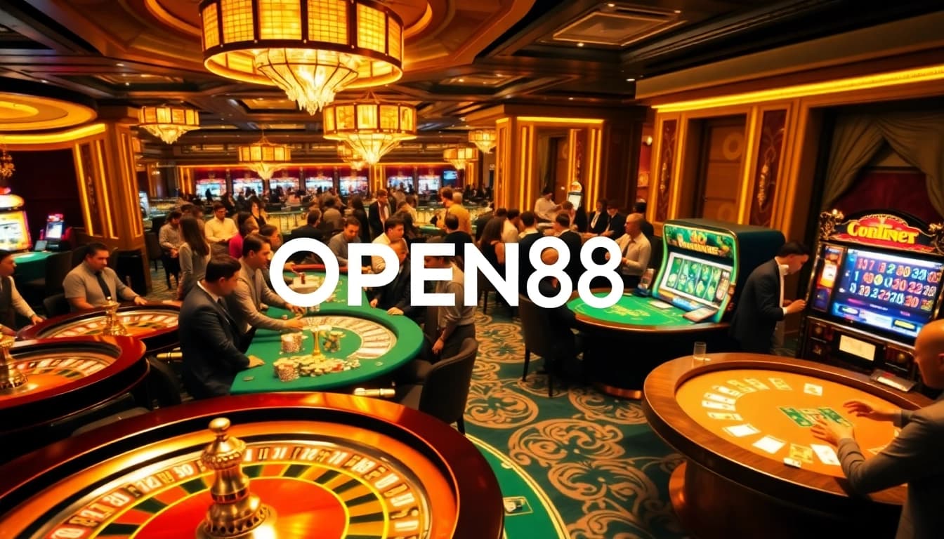 Exciting gambling scene showcasing OPEN88 casino with vibrant roulette and poker tables