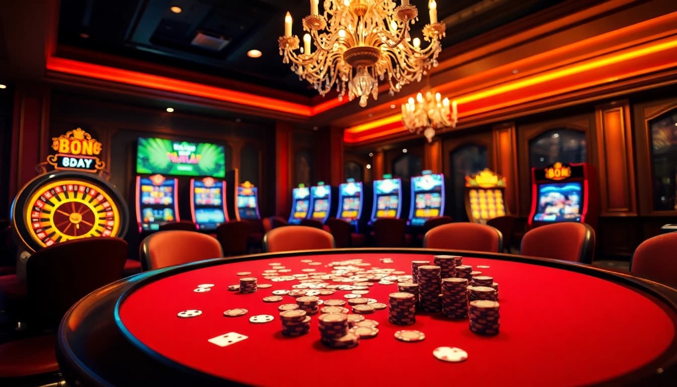 Engaging scene showcasing 8DAY casino excitement with poker chips, cards, and a roulette wheel.