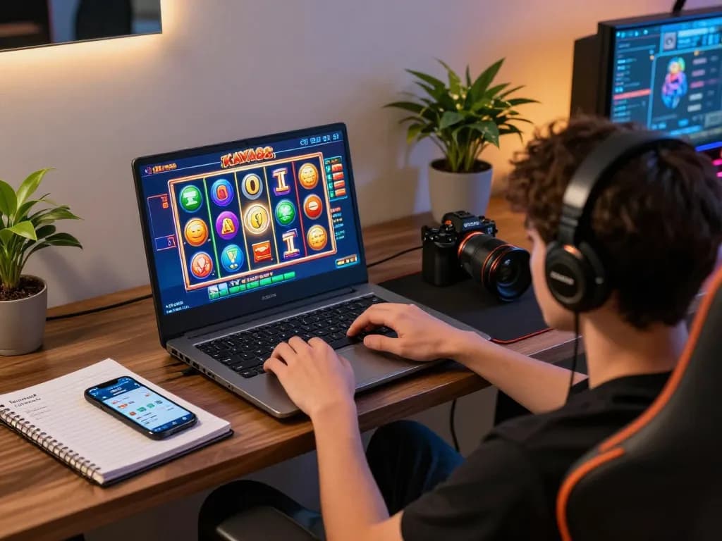 KAYA88 player engaged in online slots, showcasing vibrant gaming interface on laptop.