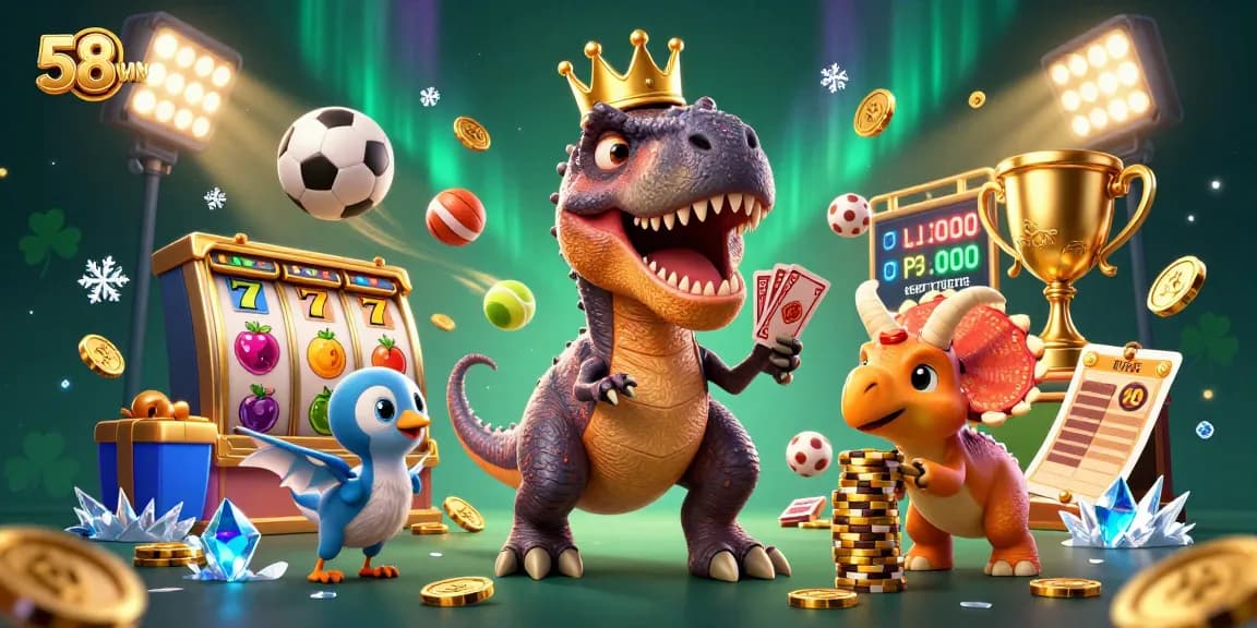58WIN features a friendly T-Rex and playful characters enjoying a vibrant casino atmosphere with slot games.