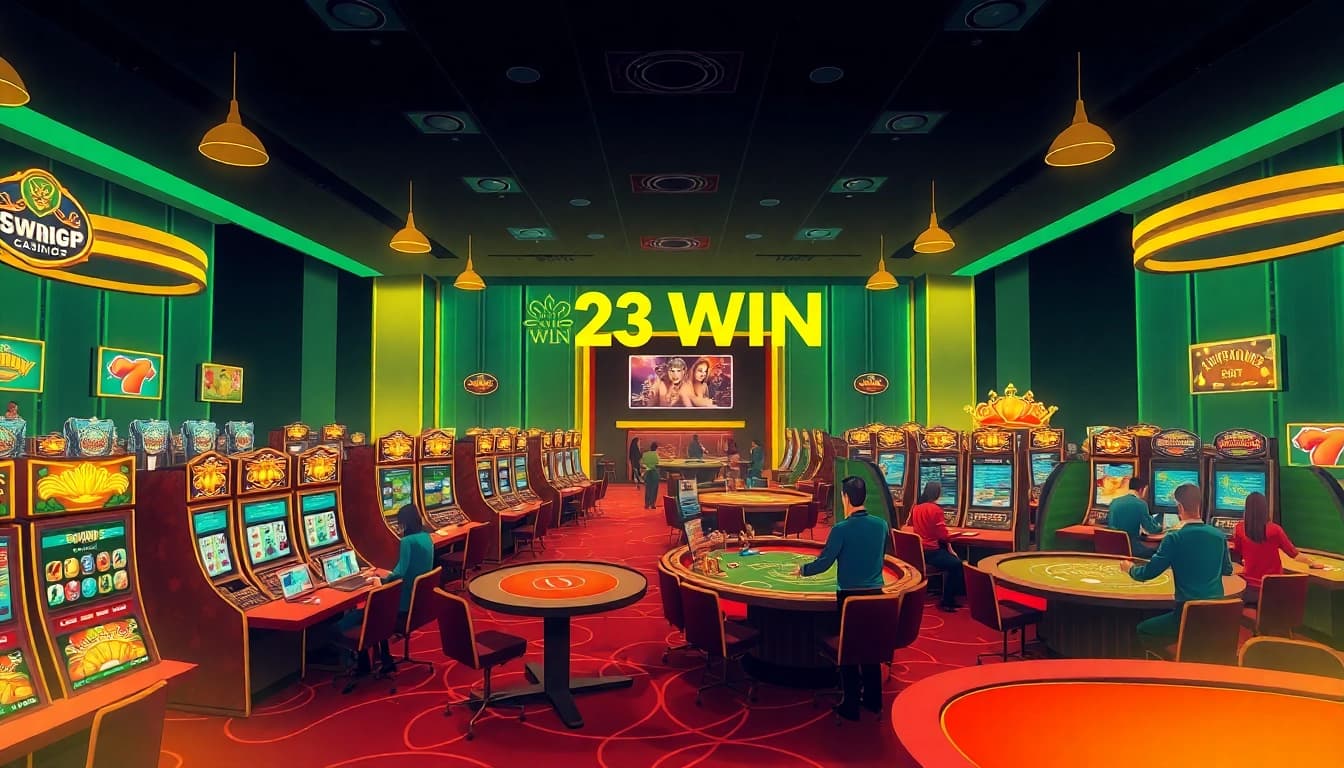 Exciting scene of players enjoying games at 23 WIN online casino with vibrant slot machines and live dealers.