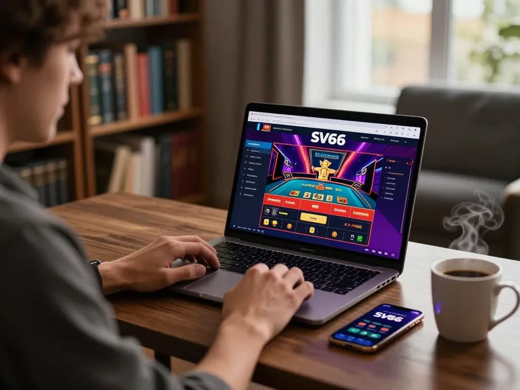 Player engaging with the SV66 online casino platform on a modern laptop at home.