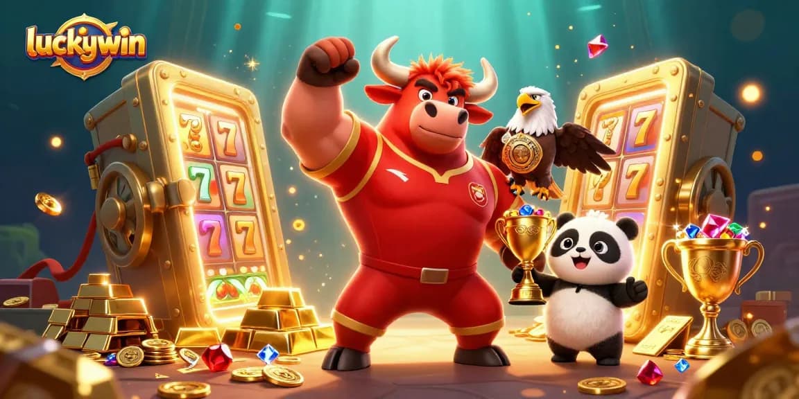 Experience big wins at luckywin with a cheerful panda, bull mascot, and eagle in a rich casino scene.