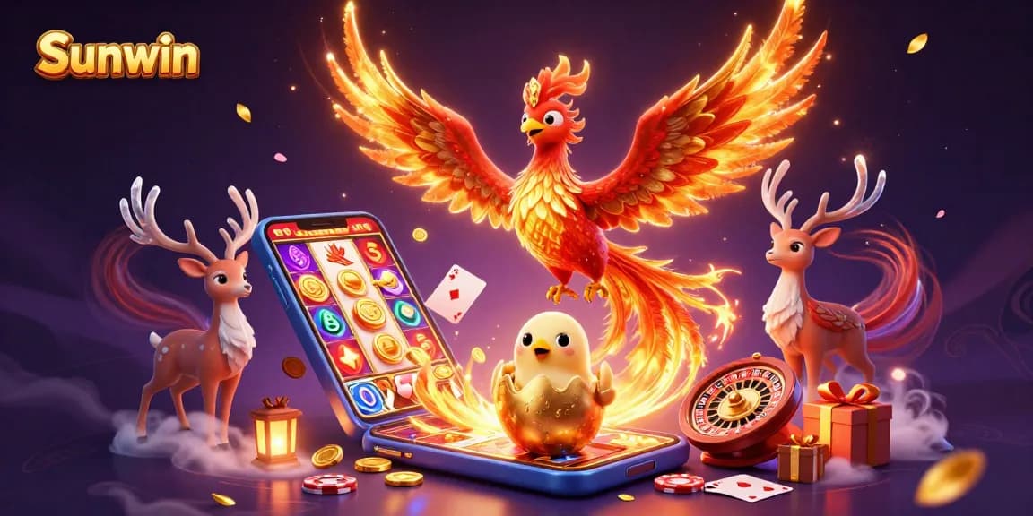Sunwin showcases an exciting scene with a fire phoenix soaring and a smartphone revealing slot game action.