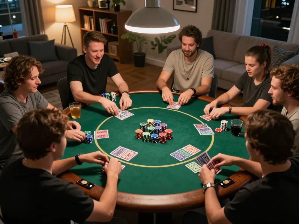 Players engaging in a friendly poker game at home, showcasing strategic gameplay with Hello88.