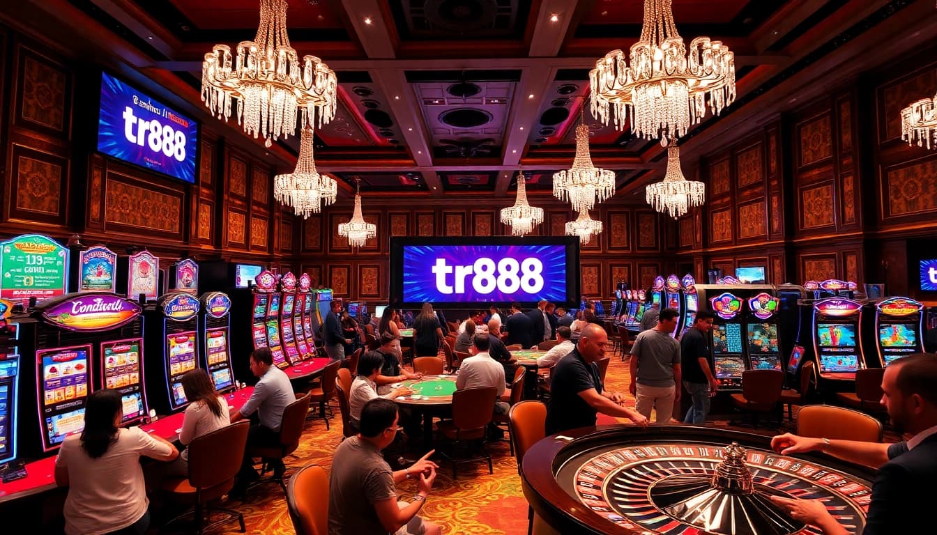 Engaging players at the luxurious casino featuring tr88 excitement with vibrant slot machines.