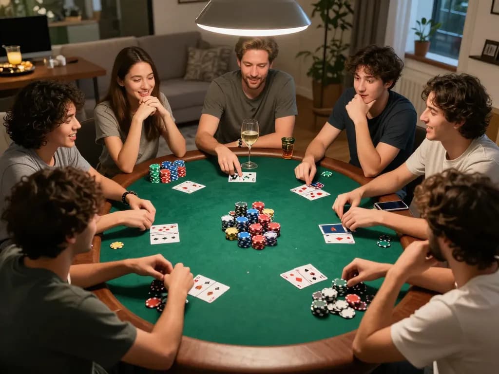 Players engaged in a friendly poker game at home, emphasizing cm88 gambling experience and social interaction