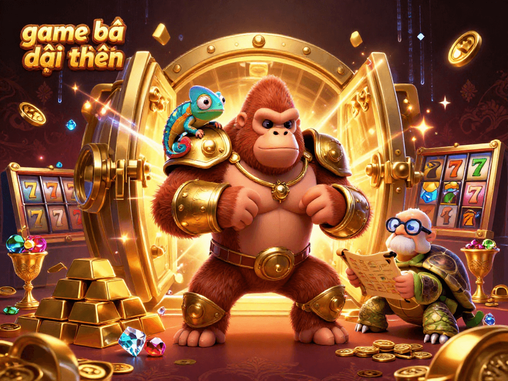 Engage with game bài đổi thưởng featuring a gorilla king, chameleon spy, and tortoise elder amid treasures.