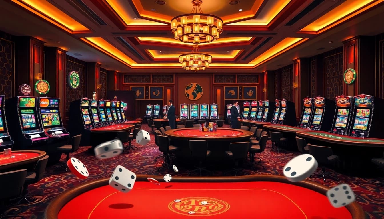 Sumclub gaming room showcasing vibrant casino tables and slot machines for thrilling gambling action.