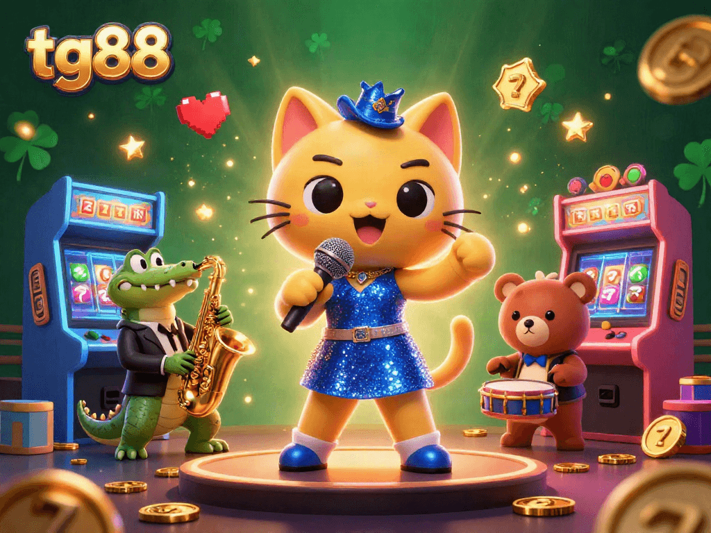 Engage with tg88 in a vibrant online casino scene featuring a jazzy cat, crocodile, and bear.