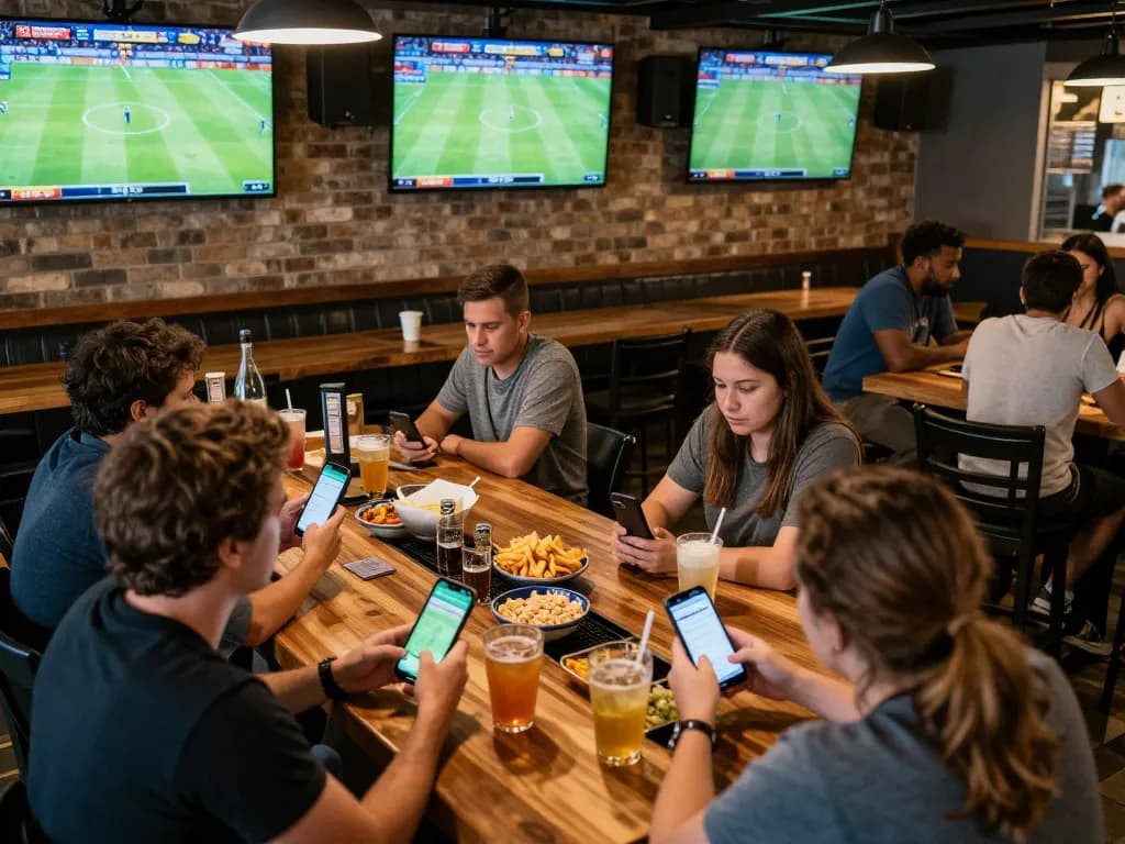 Excited patrons engaging in sports betting during ฟุตบอล matches in a lively bar atmosphere.