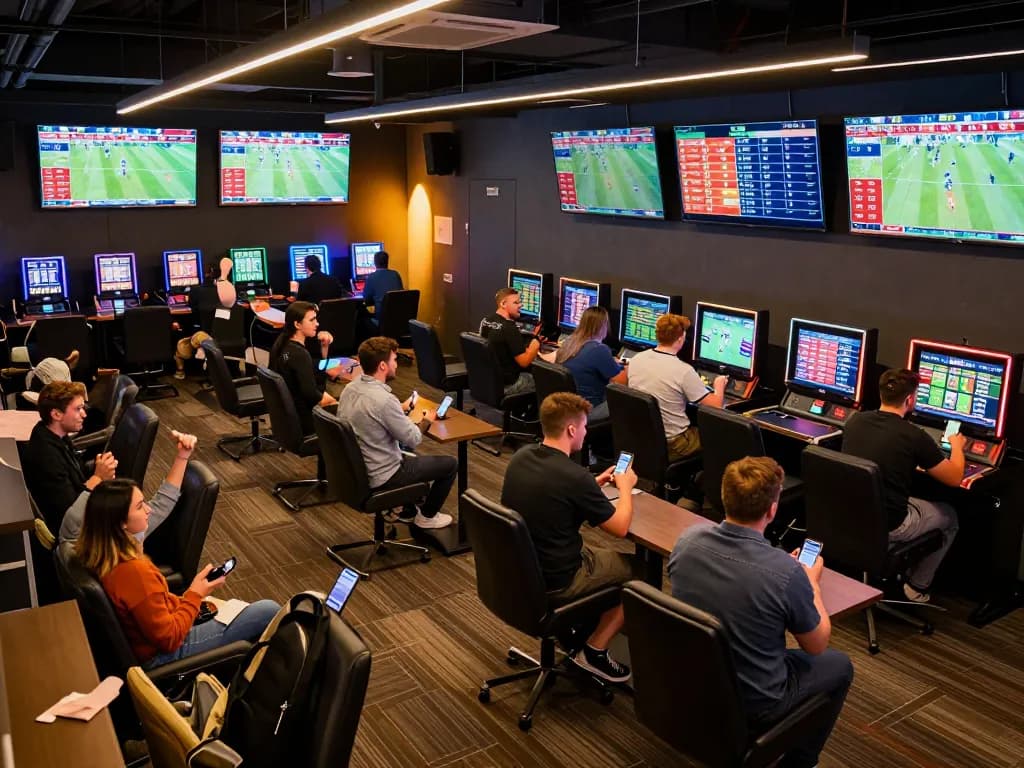 Cacuocbongda patrons engaging in dynamic live sports betting with multiple screens showing real-time odds
