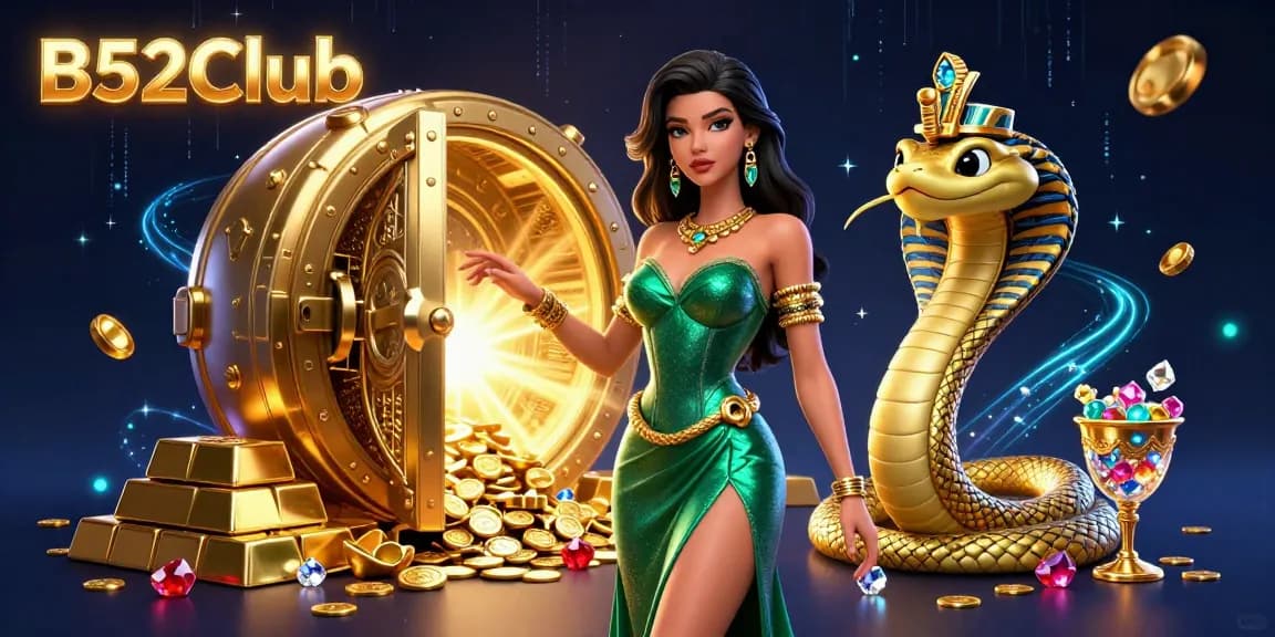 B52Club's vibrant casino scene featuring stunning characters with gold coins and jewels.