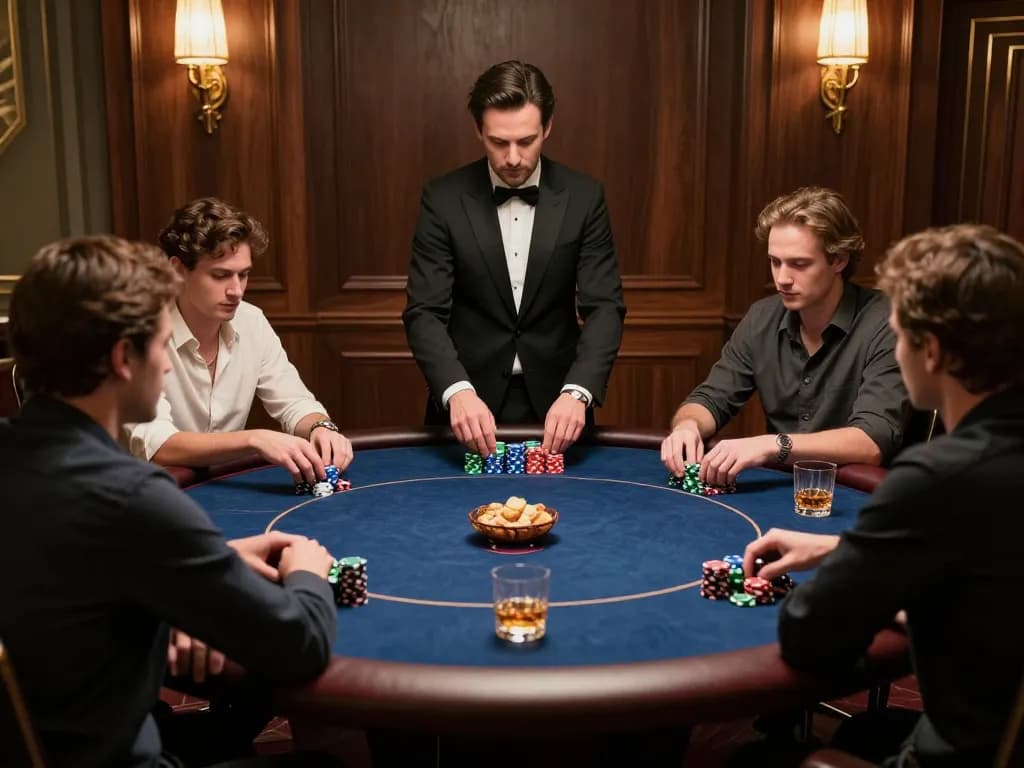 Players strategizing in a luxurious poker game setting, highlighting mb66 gambling strategies for winning
