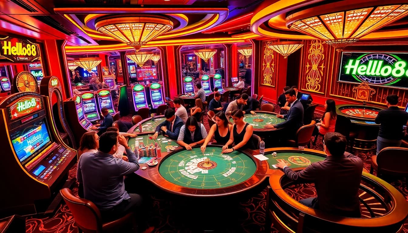 Players enjoying an exciting gaming experience at Hello88 casino, showcasing vibrant tables and slot machines.