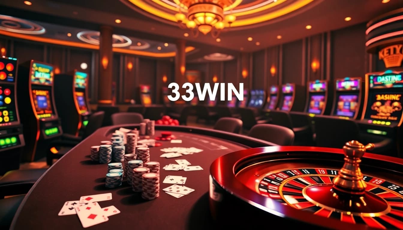 Exciting gambling action at 33WIN casino with vibrant poker chips, cards, and roulette wheel.