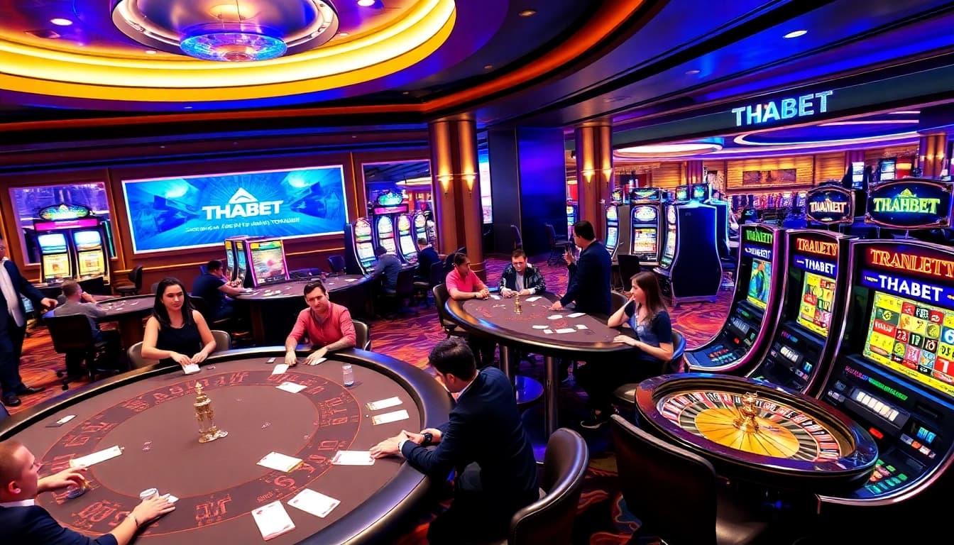 THABET casino gaming floor with poker tables, roulette wheels, and excited players celebrating wins.