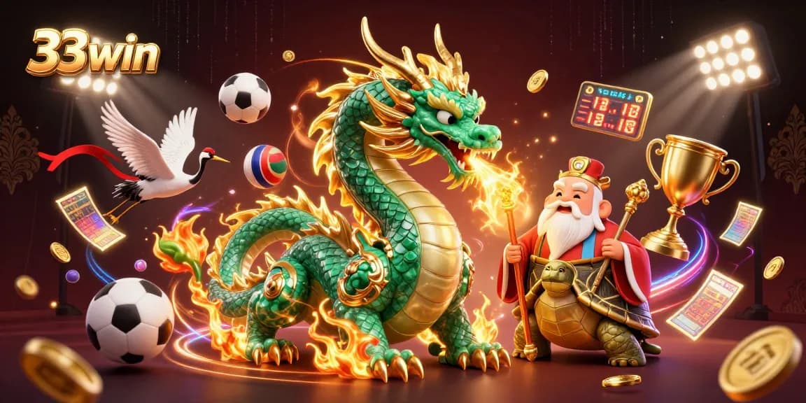 Experience thrilling wins at 33win with a vibrant 3D illustration showcasing iconic gambling elements.
