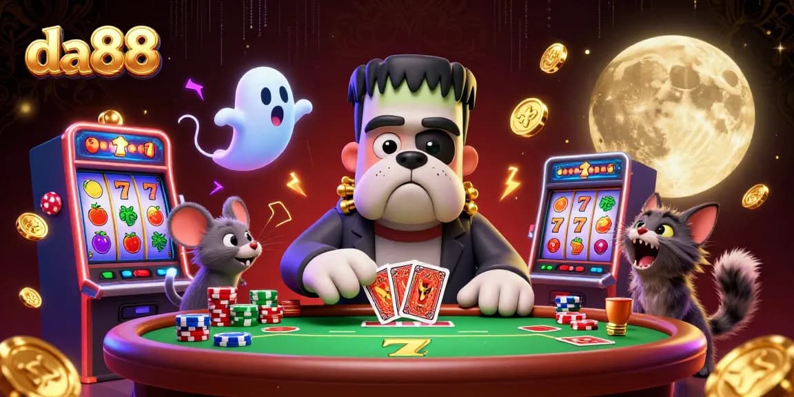 Join the thrilling action at da88, where a Frankenstein bulldog deals cards amid floating ghost chips in a vibrant casino environment.