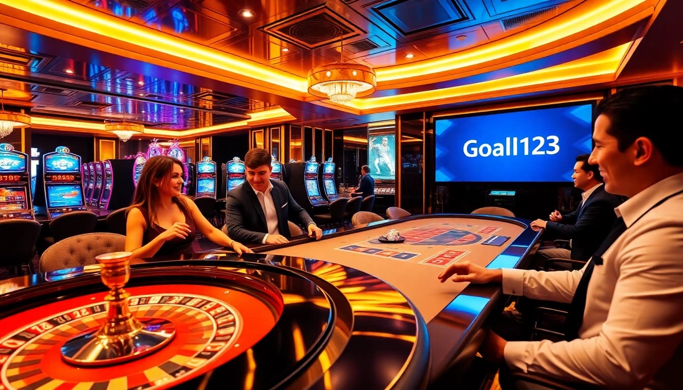 Gamblers enjoying their experience at Goal123's upscale casino with vibrant tables and immersive gaming.