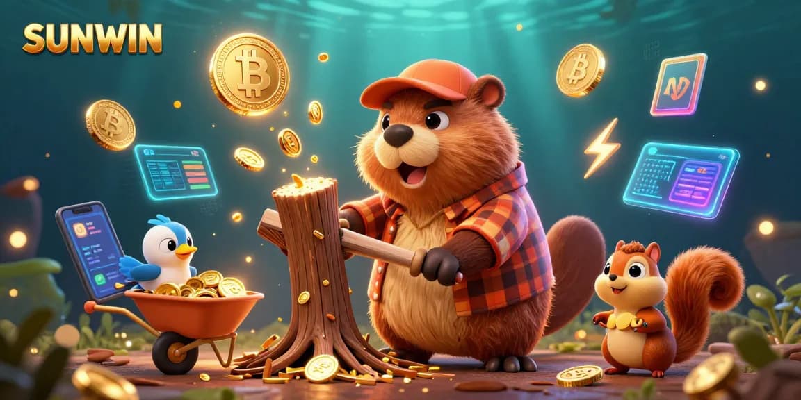SUNWIN's magical casino scene featuring cartoon characters collecting gold coins and crypto elements.