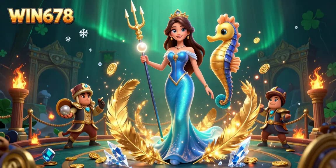 Experience winning at WIN678 with a dazzling ocean theme, featuring a pearl and a seahorse king in a vibrant casino.