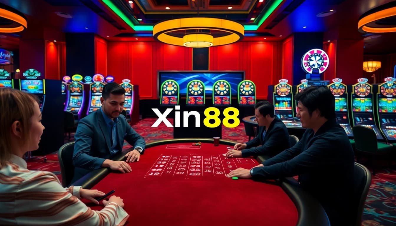 Players enjoying a casino game at Xin88, with vibrant gaming tables and exciting atmosphere
