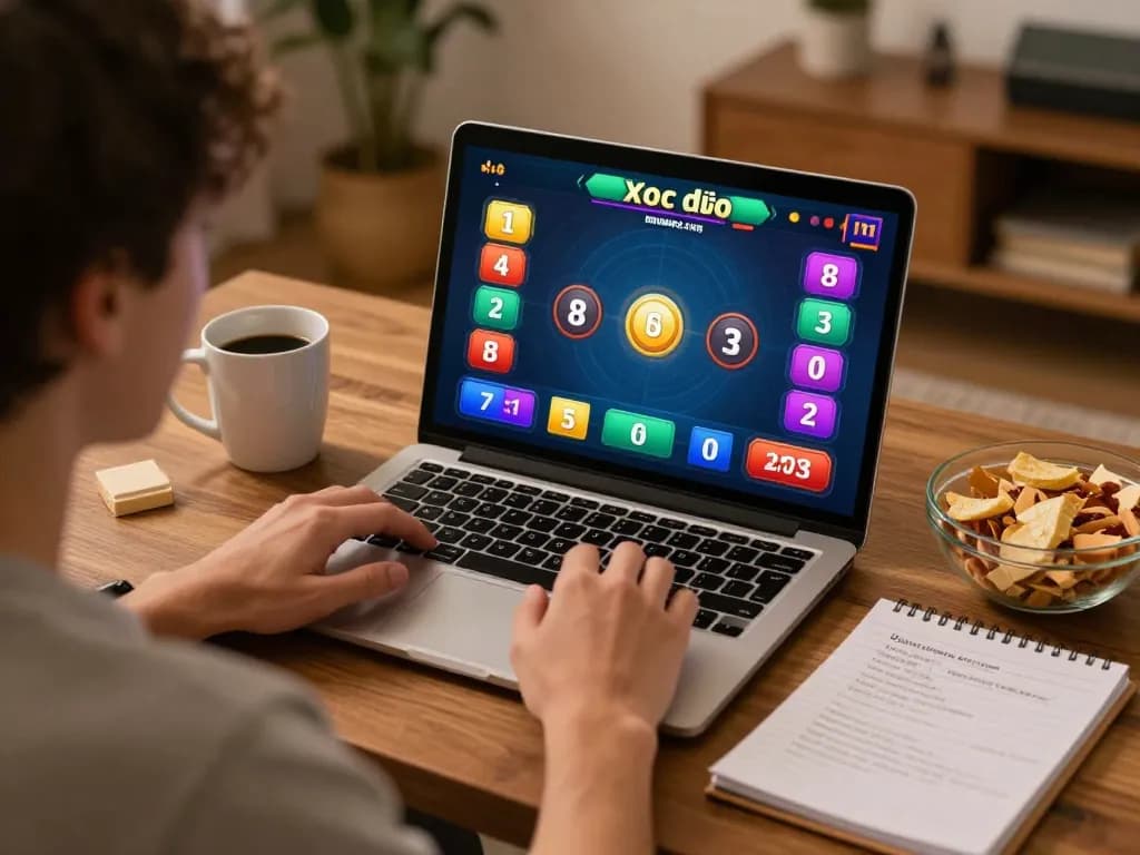 Xóc đĩa online gaming session shows player engaged with vibrant interface and betting options at home.