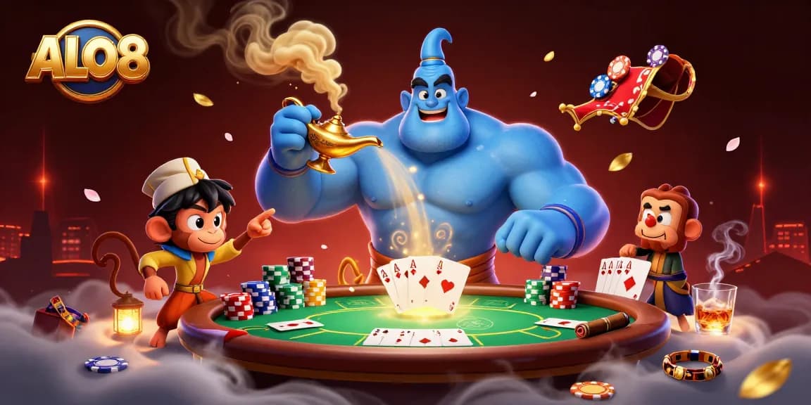 Engage with ALO8's thrilling gaming atmosphere featuring a genie, poker chips, and more!