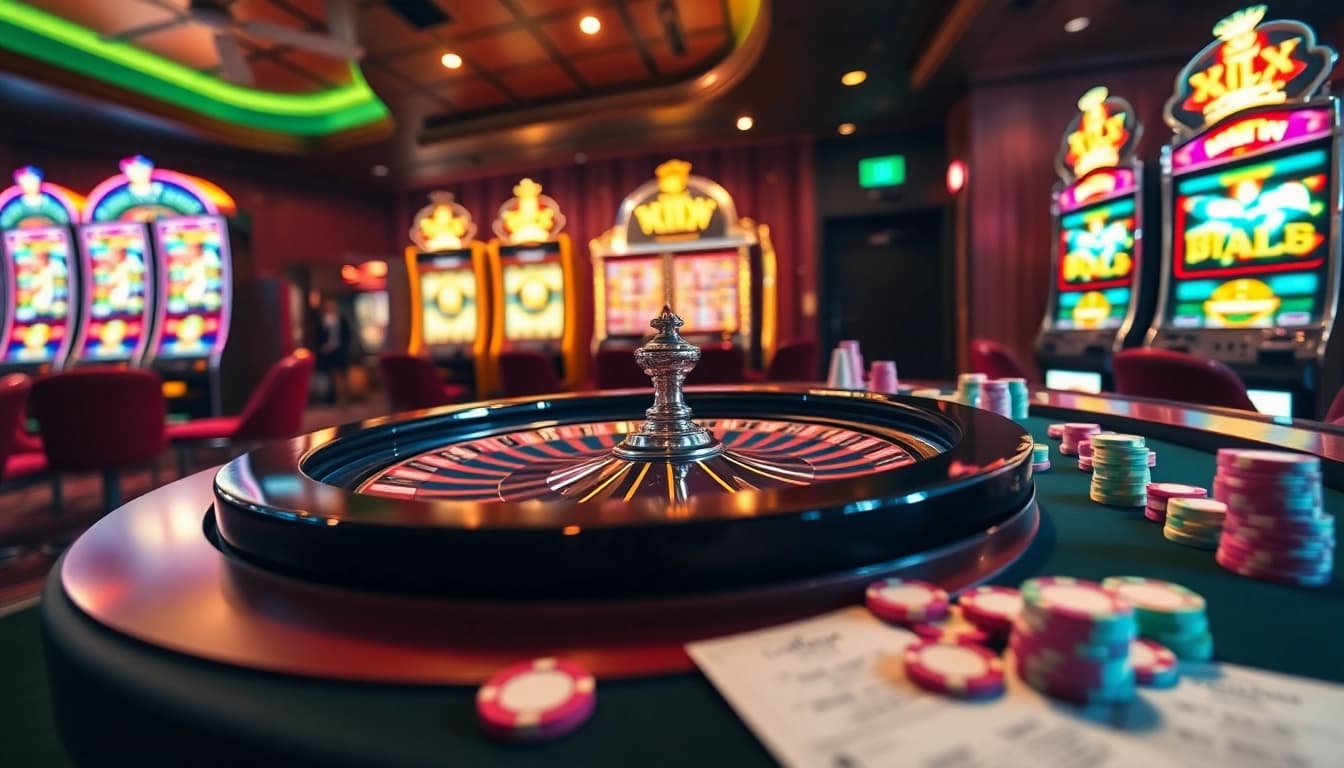 Experience the thrill of casino gaming at LuckyWin with poker chips and roulette tables.