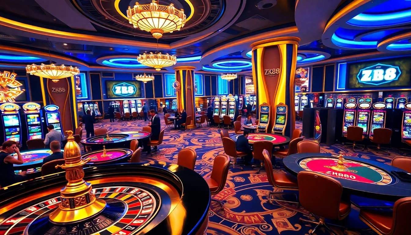 ZK88 casino scene showcasing vibrant gaming excitement with roulette and poker tables.