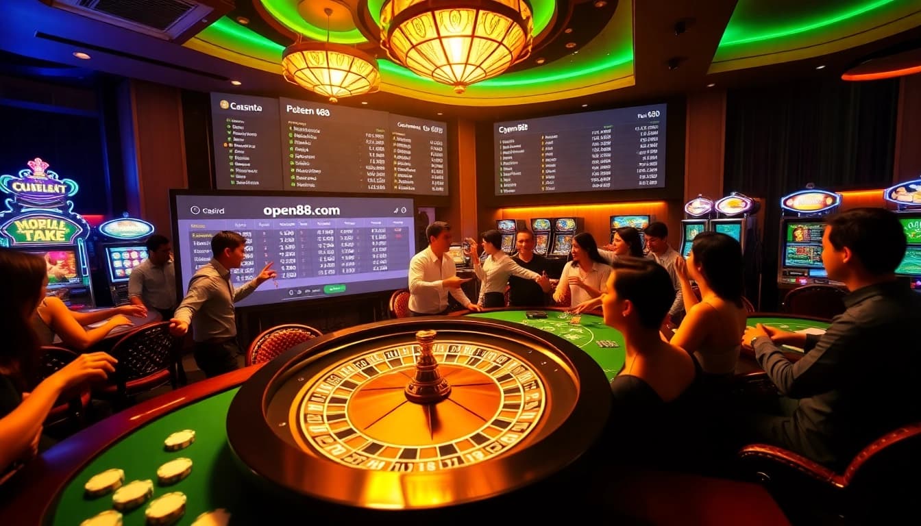 Experience the excitement of open88.com with players enjoying poker and roulette in a luxurious casino setting.